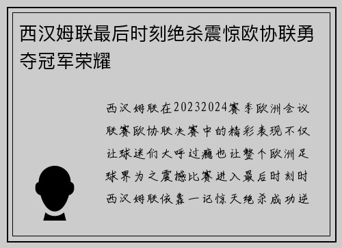 西汉姆联最后时刻绝杀震惊欧协联勇夺冠军荣耀